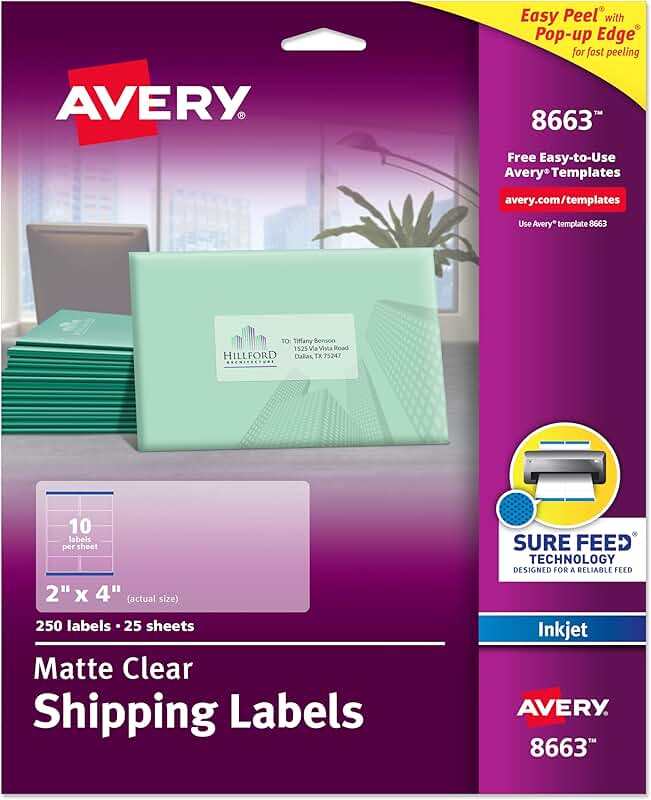 2" x 4" Matte Clear Printable Shipping Labels, 250 Sheets