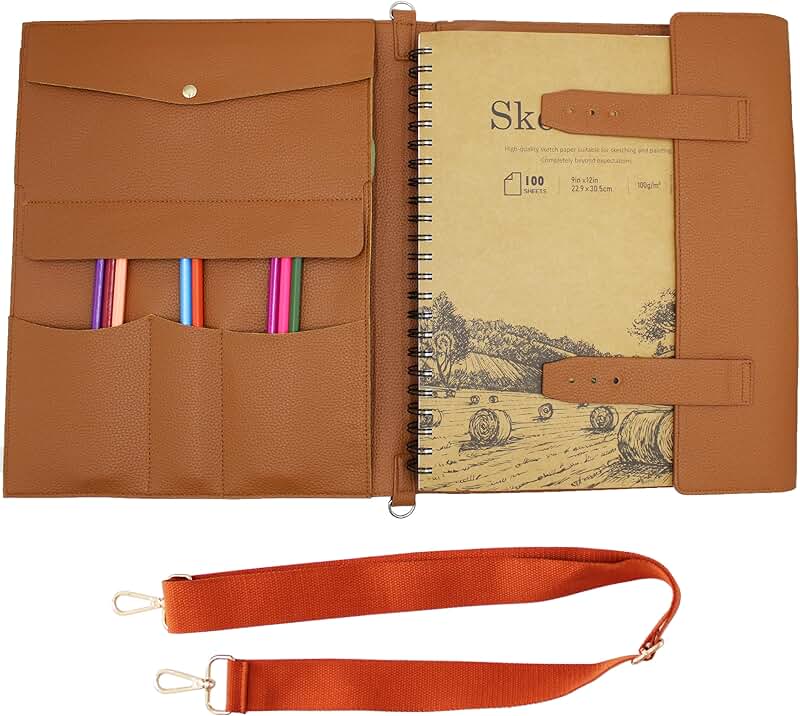 Leather Sketchbook Cover with Pencils for Artists