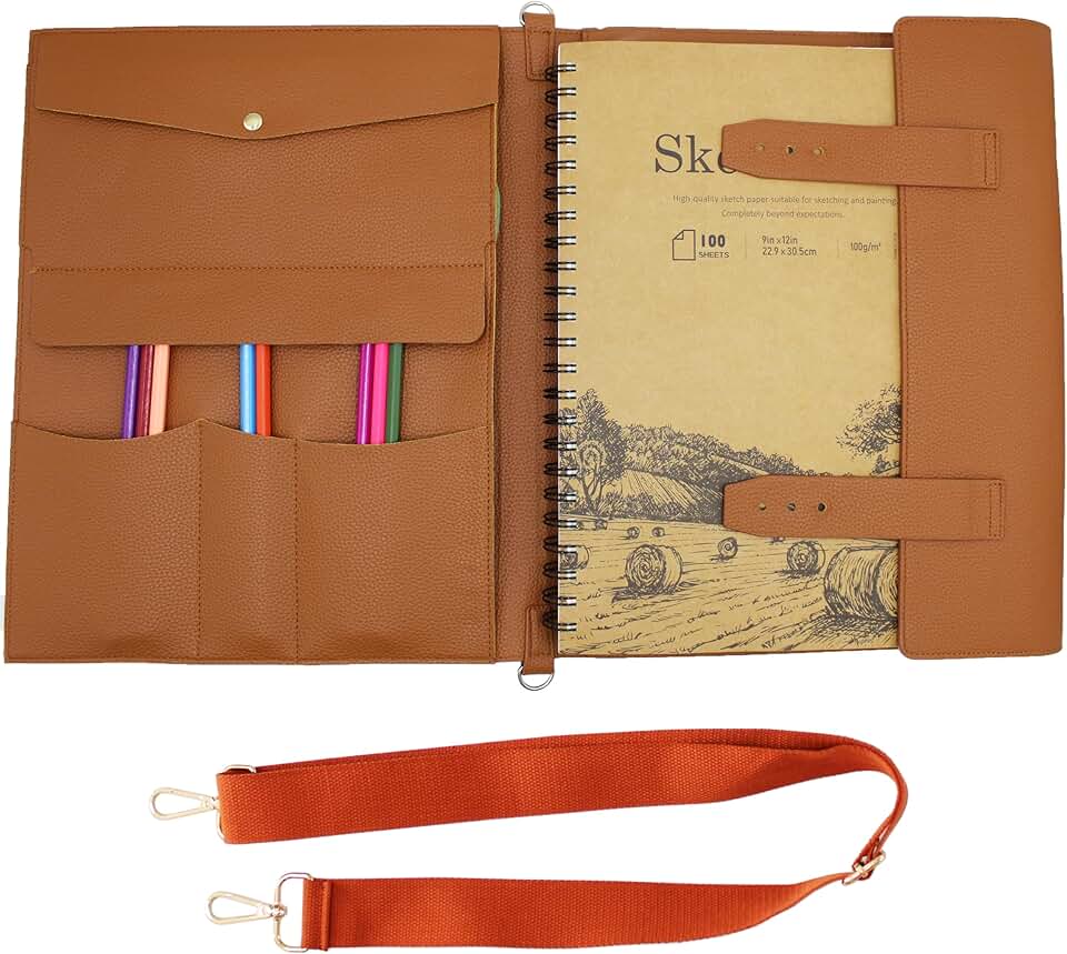 Leather Sketchbook Cover with Pencils for Artists