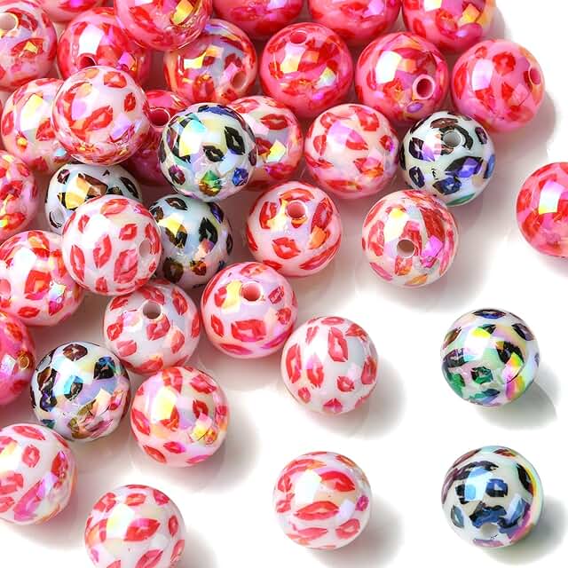 50 pcs Iridescent Lip Print Round Acrylic Beads for Jewelry Craft