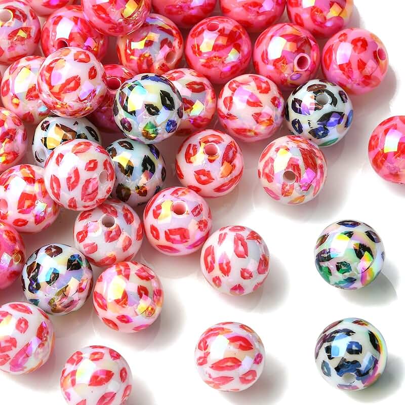 50 pcs Iridescent Lip Print Round Acrylic Beads for Jewelry Craft