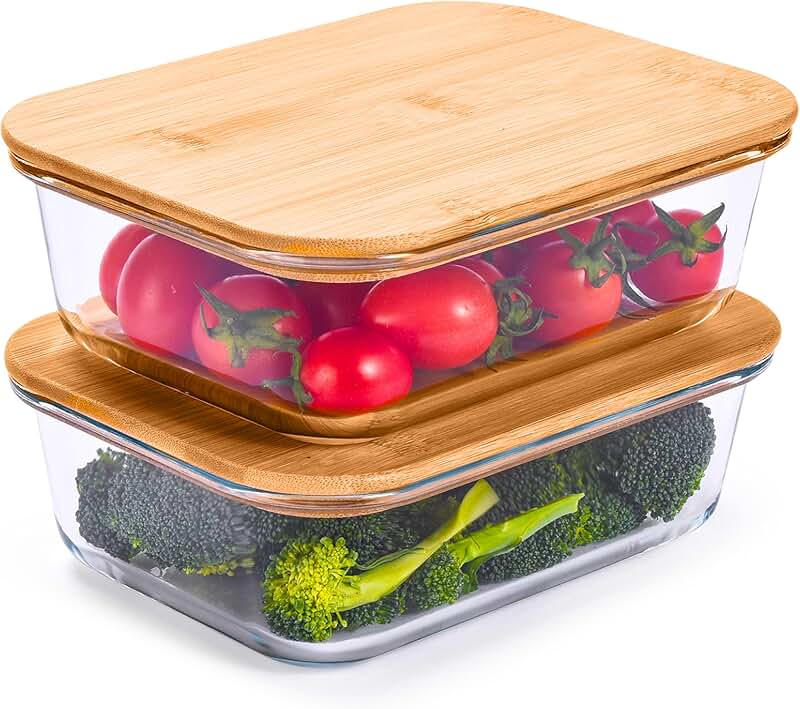 Stackable 36 oz Glass Food Storage Containers with Bamboo Lids (Set of 2)