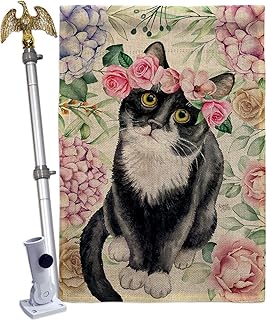 Floral Tuxedo Cat Burlap House Flag Kitten Meow Decoration