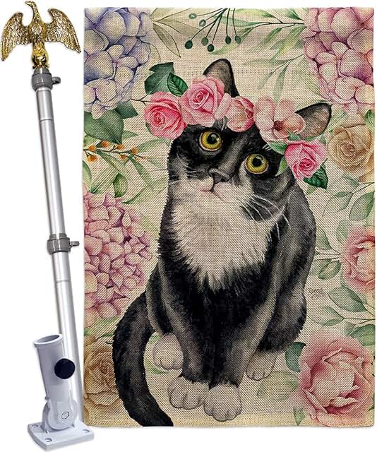 Floral Tuxedo Cat Burlap House Flag Kitten Meow Decoration