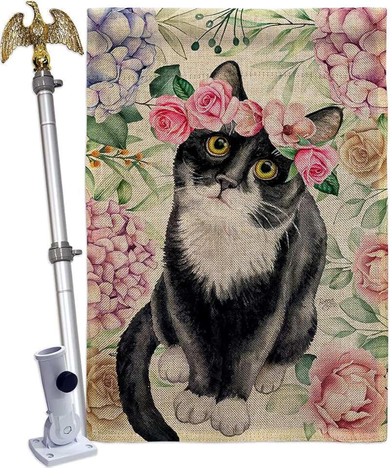 Floral Tuxedo Cat Burlap House Flag Kitten Meow Decoration