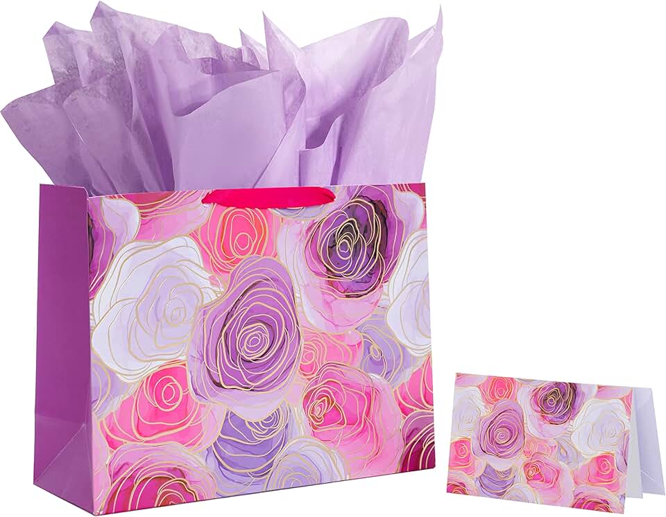 Large purple flower gift bag with tissue and card