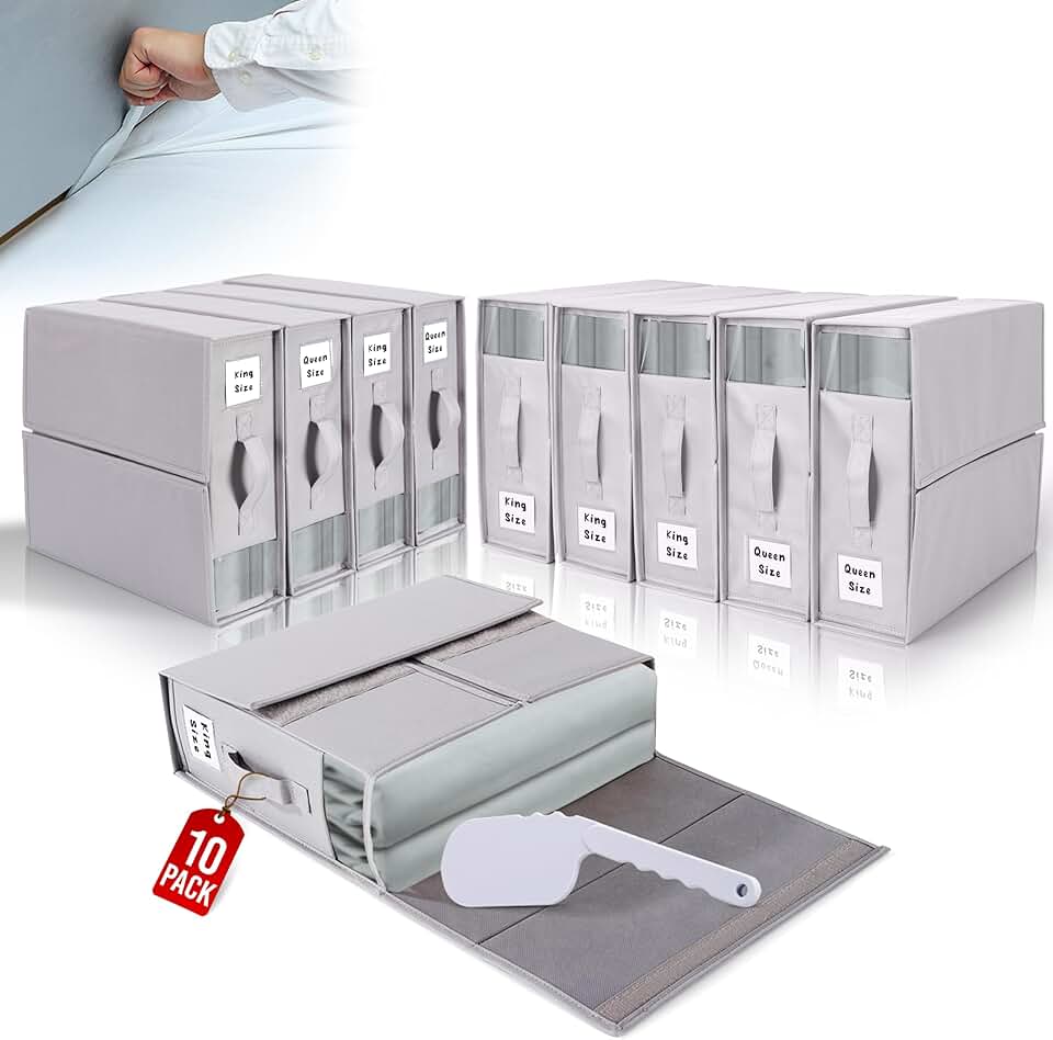 Ten Bed Sheet Organizers with Storage and Sheet Tucker