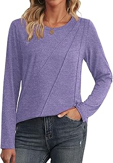 Women's Long Sleeve Pleated Crew Neck Casual T-Shirt
