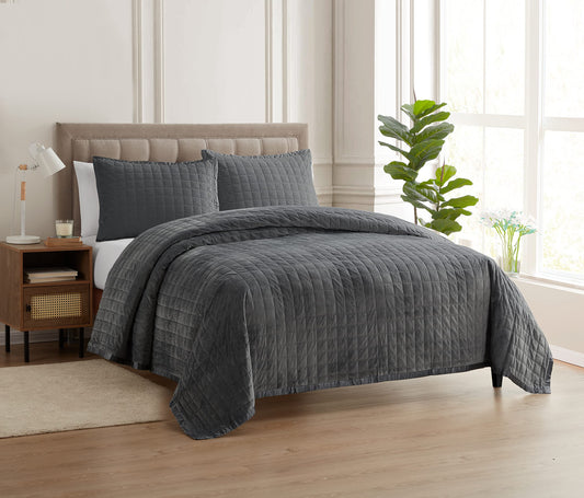 Quilt Sets Velvet with Trim Bedspread Cover Soft and Luxurious Oversized All Season Bedding with Pillow Shams, King Pack of 4), Gray