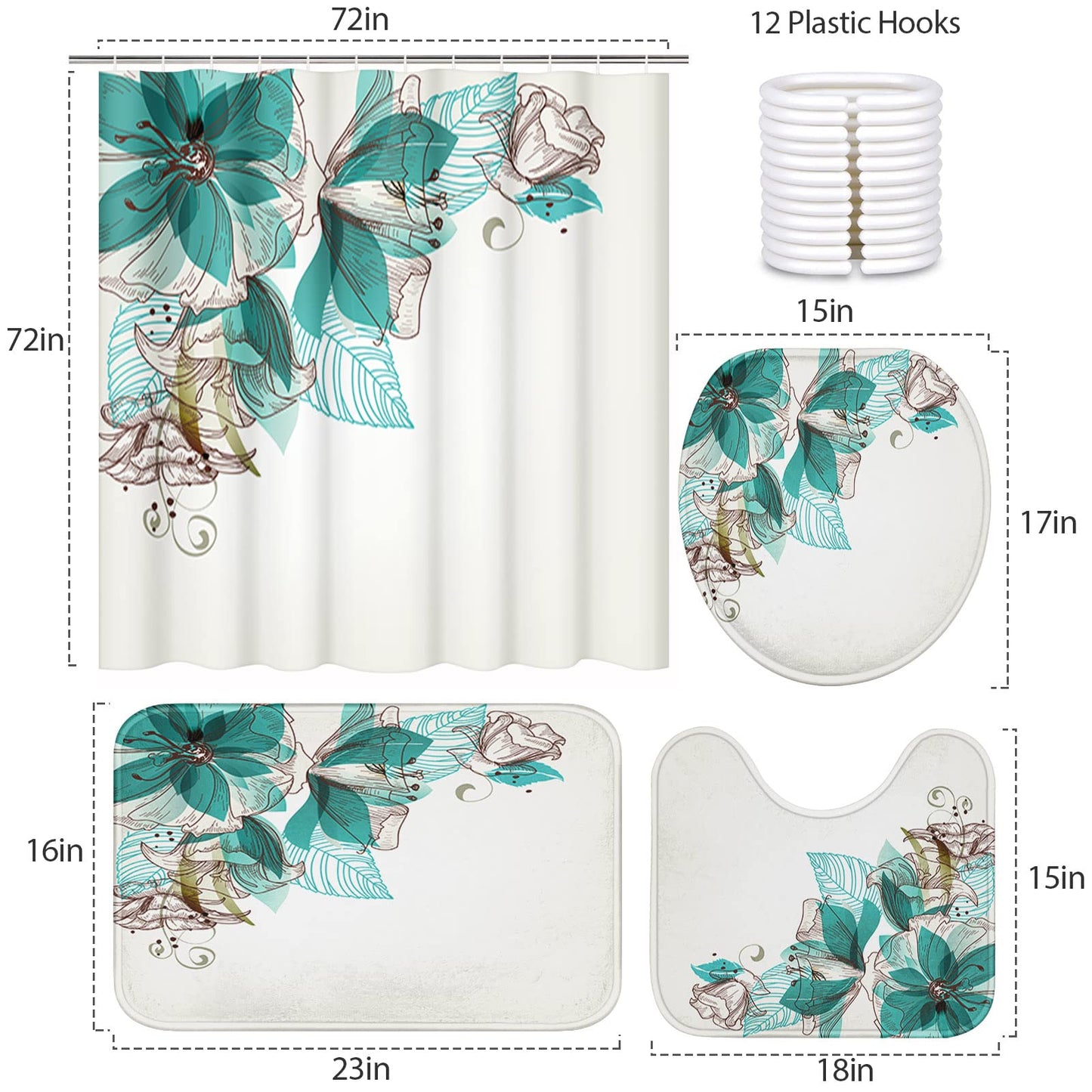4 Piece Shower Curtain Sets, with 12 Hooks, Retro Teal Flowers Floral Turquoise Rose with Non- Rugs, Tet Lid Cover and Bath Mat, Durable and Waterproof, for Bathroom Decor Set, 72" x 72"