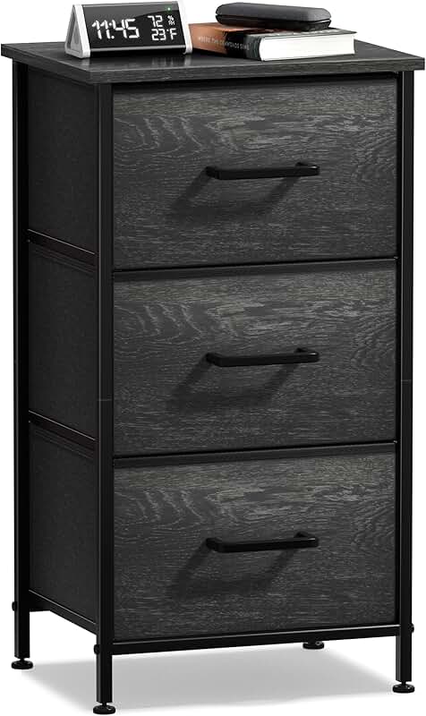 Nightstand with 3 faux wood drawers and fabric bins