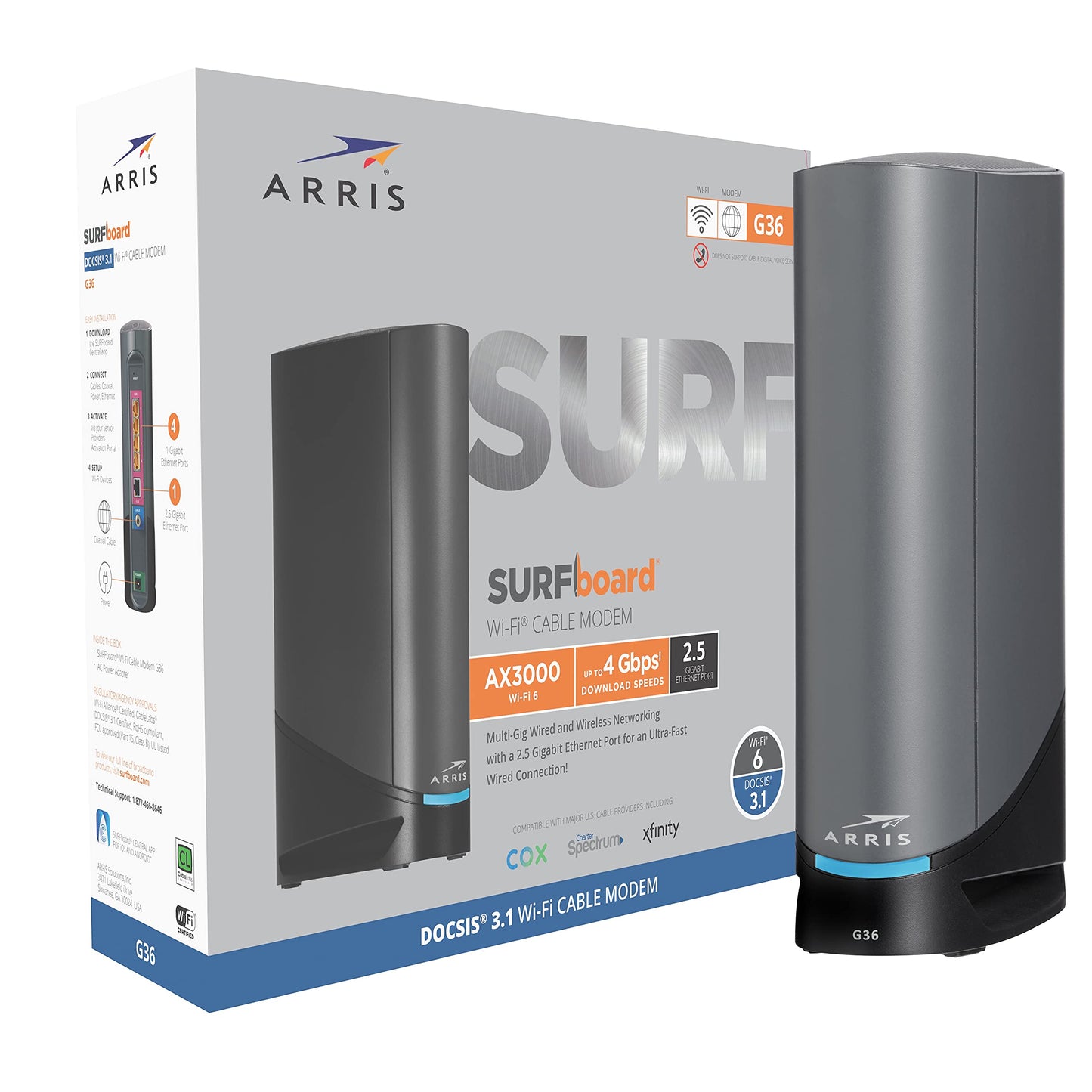 Surfboard G36 DOCSIS 3.1 Multi-Gigabit Cable Modem & AX3000 Wi-Fi Router | Comcast Xfinity, Cox, Spectrum| Four 2.5 Gbps Ports | 1.2 Gbps Max Internet Speeds | 4 OFDM Channels | 2 Year Warranty