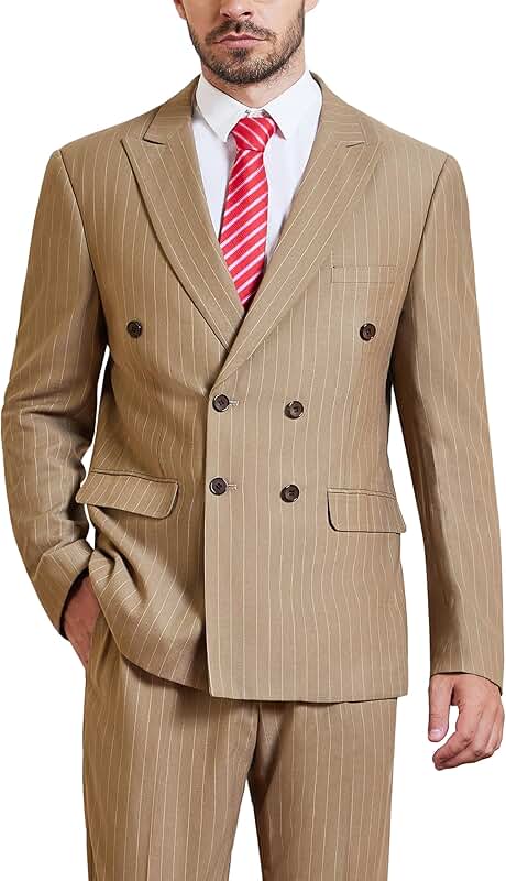 Men's Slim Fit Double-Breasted Stripe Tuxedo Suit with Tie