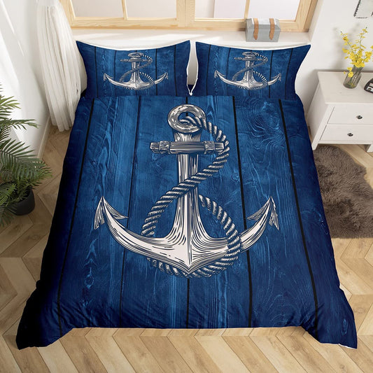 Anchor l Duvet Cover Full,Rustic Farmhouse Style Bedding Set 3pcs for Kids Teens Adults Room Decor,Blue Wooden Board Comforter Cover Vintage Maritime Adventure Quilt Cover with 2 Pillowcases