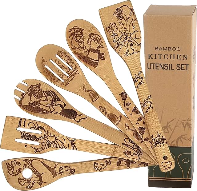 Six Wooden Bamboo Spoons Set for Cooking and Decor