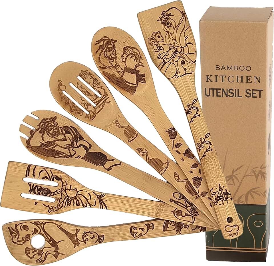 Six Wooden Bamboo Spoons Set for Cooking and Decor