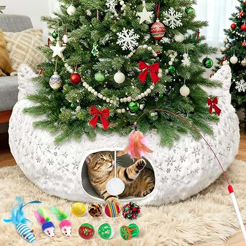 Warm Cat Tunnel Bed with Toys and Snowflake Pattern