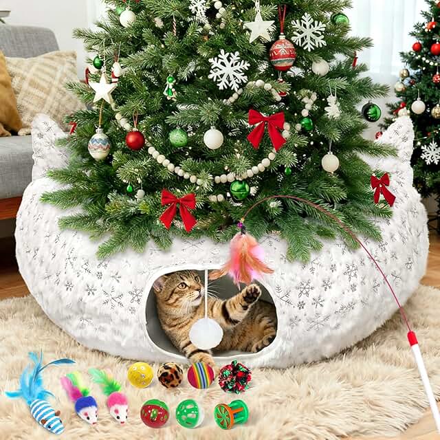 Warm Cat Tunnel Bed with Toys and Snowflake Pattern