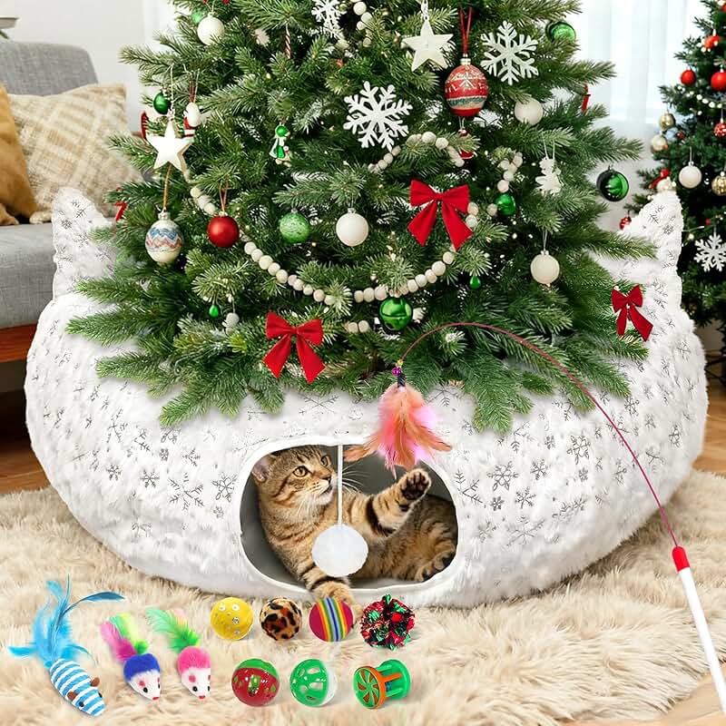 Warm Cat Tunnel Bed with Toys and Snowflake Pattern
