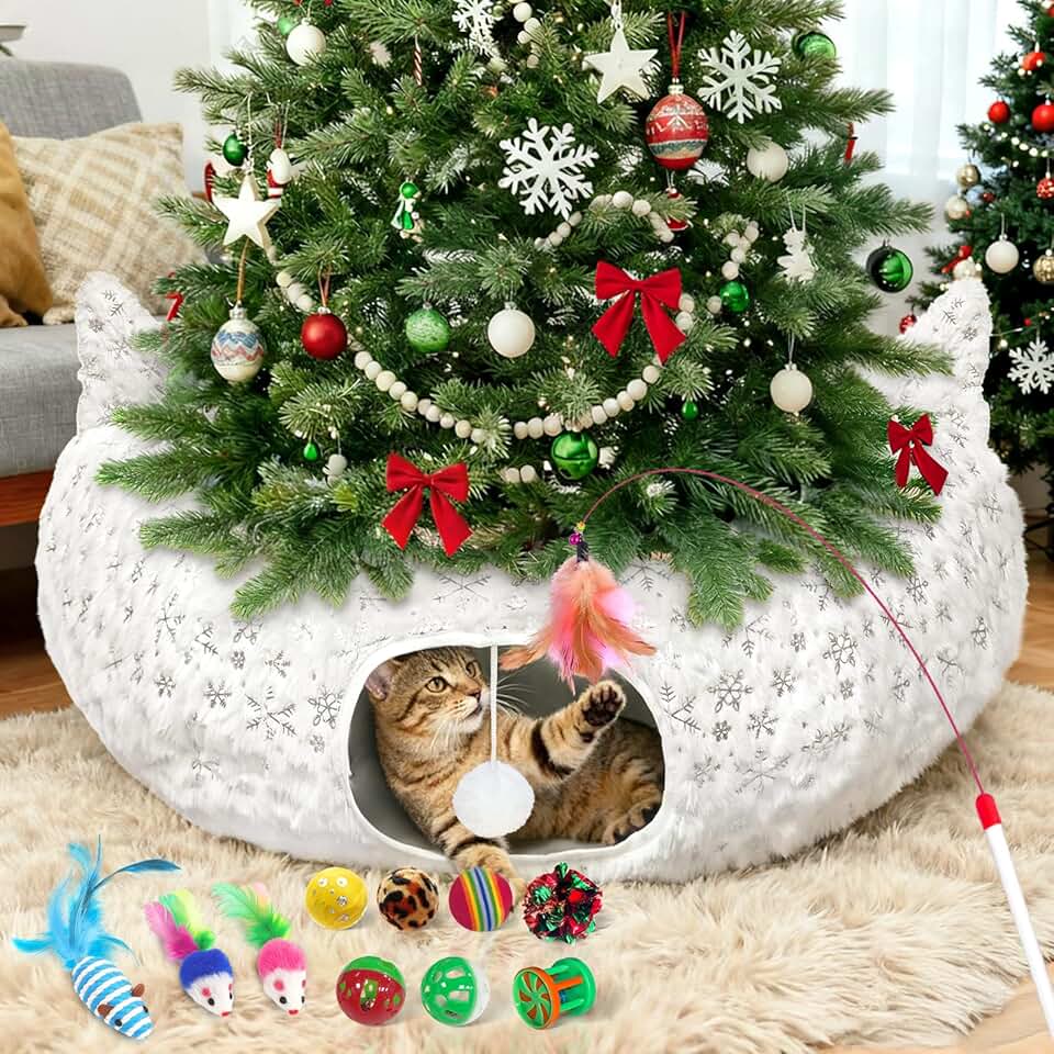 Warm Cat Tunnel Bed with Toys and Snowflake Pattern