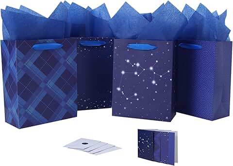 Set of 4 Medium Blue Gift Bags with Handles and Accessories