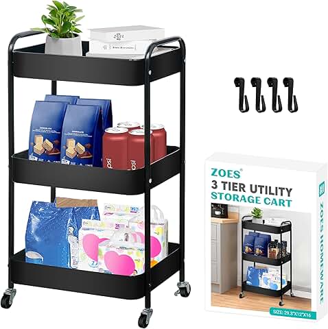 Three-tier metal rolling storage cart with hooks