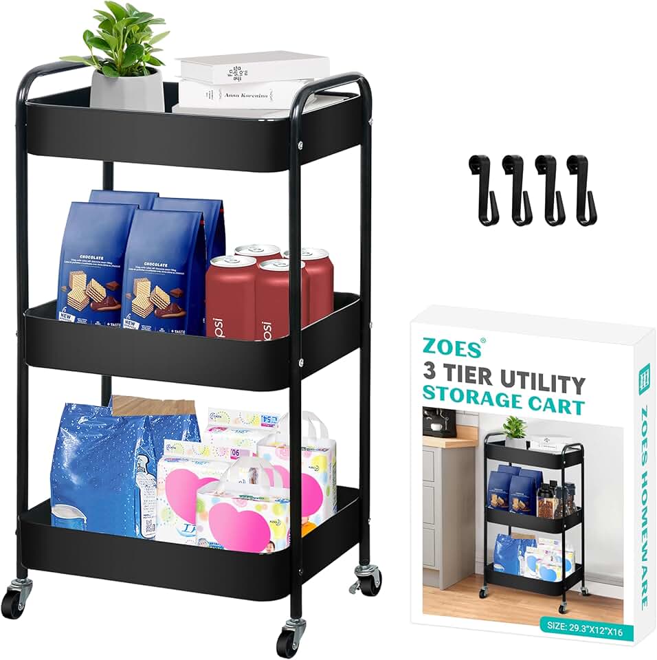 Three-tier metal rolling storage cart with hooks