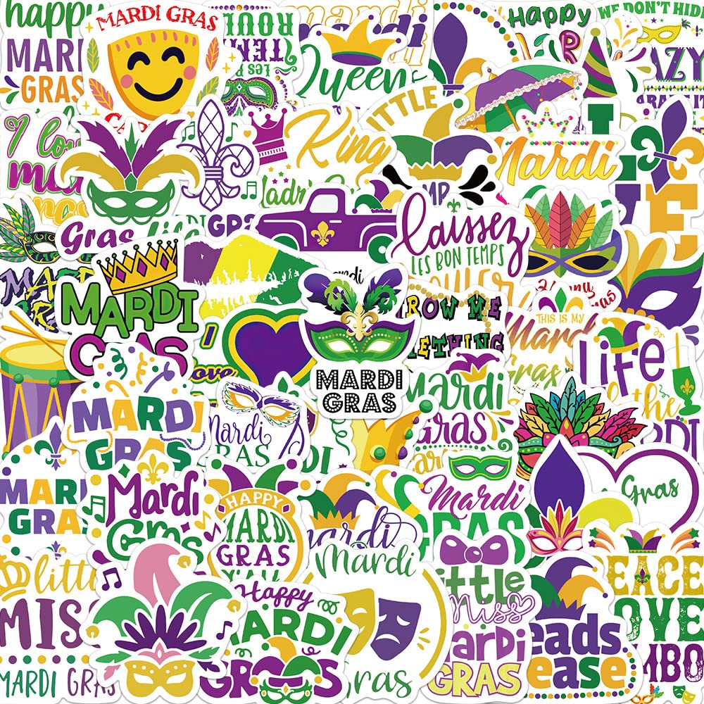 50 Waterproof Mardi Gras Stickers for Kids and Teens