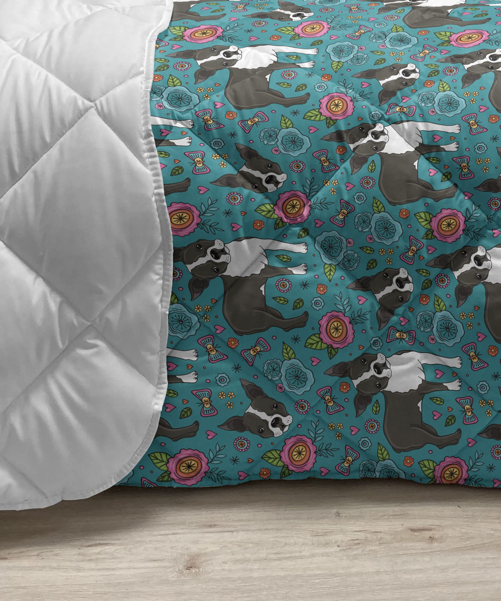 Dog Comforter  Sham Bedding Set, Illustration of Boston Terrier Smiling Face Flowers Botanical Heart Butterfly, 3 pcs Duvet Set Microfiber Filling Quilt, King, Teal Charcoal Grey