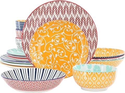16-Piece Colorful Porcelain Dinnerware and Bowl Set