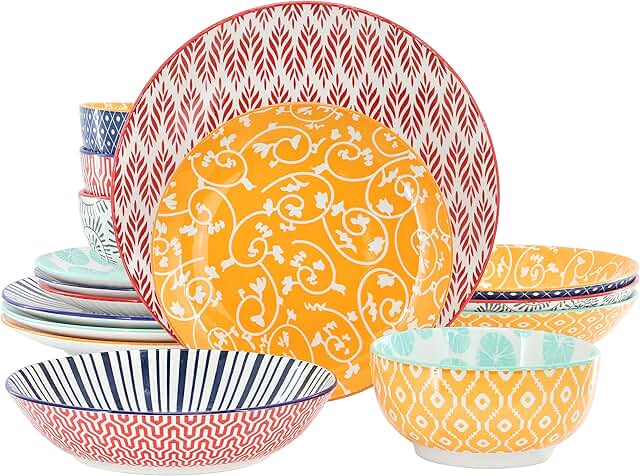 16-Piece Colorful Porcelain Dinnerware and Bowl Set