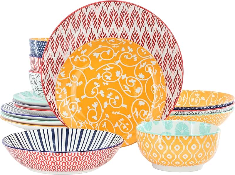 16-Piece Colorful Porcelain Dinnerware and Bowl Set