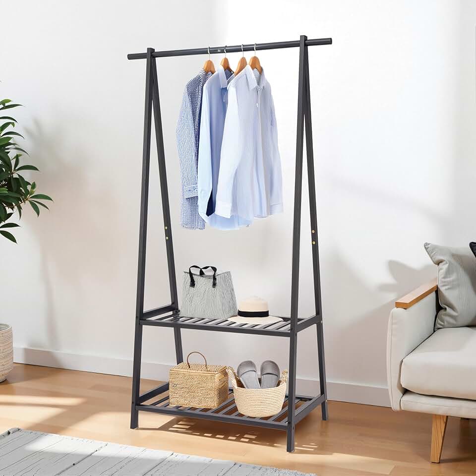 Large Bamboo Clothes Rack with Shelves for Entryway and Bedroom
