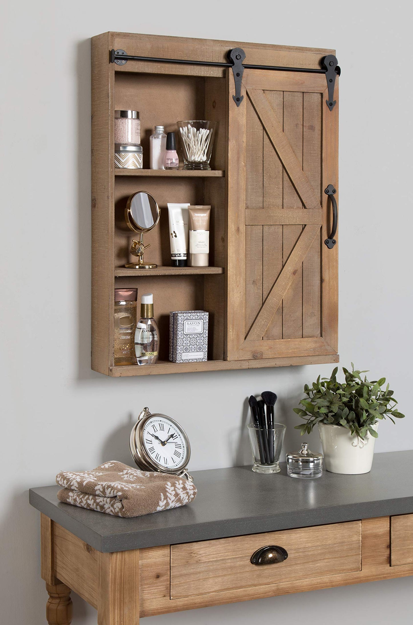 Cates Decorative Wood Wall Storage Cabinet with Vanity Mirror and Sliding Barn Door, Rustic Brown