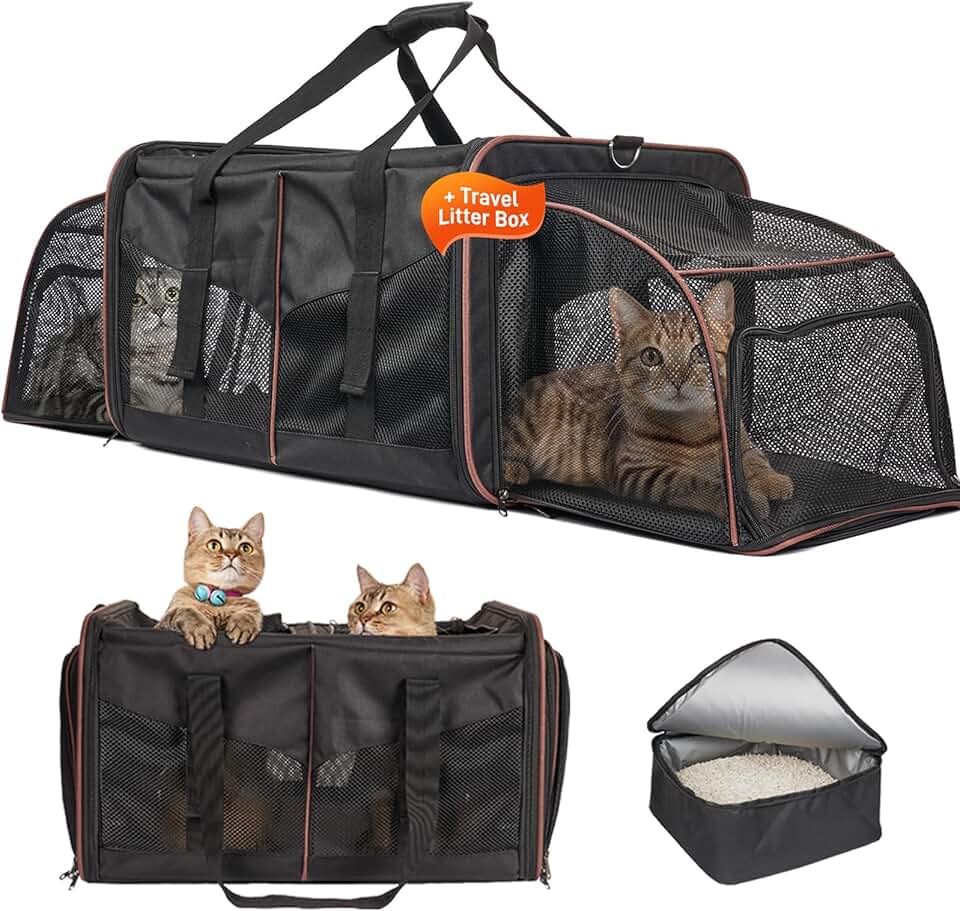 Double Cat Carrier with Litter Box and Expandable Space