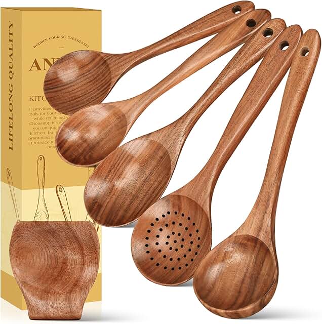 6-Piece Wooden Cooking Spoon Set with Rest