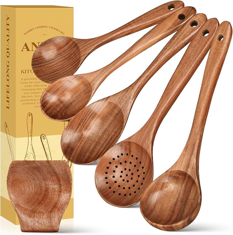 6-Piece Wooden Cooking Spoon Set with Rest