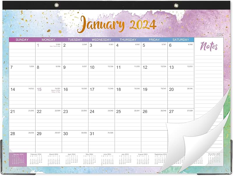 Large 2024 Desk Calendar with Thick Paper and Corner Protectors