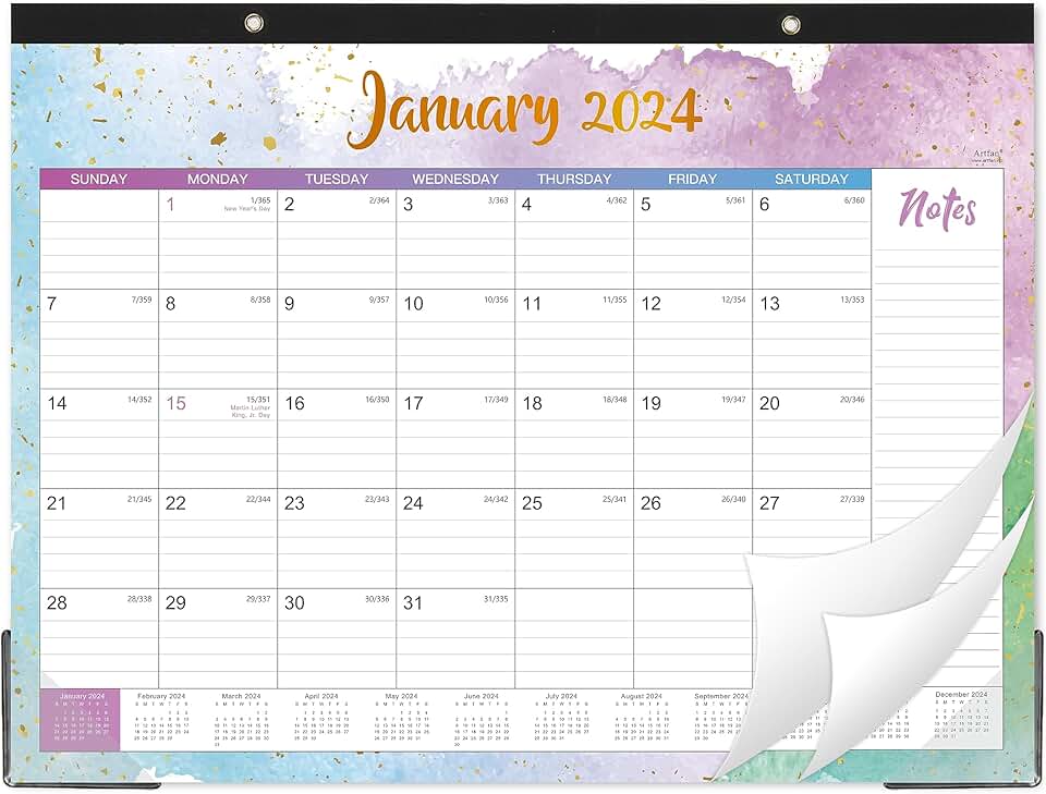 Large 2024 Desk Calendar with Thick Paper and Corner Protectors
