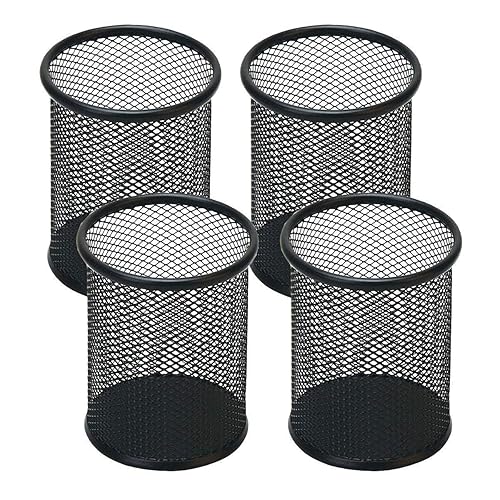 Set of four black mesh metal pen holders for desk