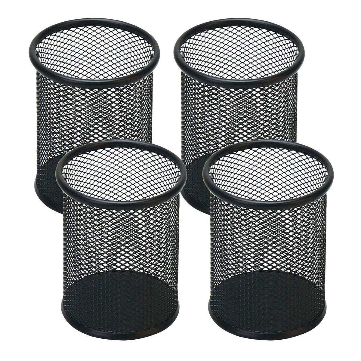 Set of four black mesh metal pen holders for desk
