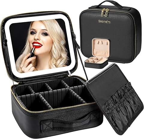 Travel Makeup Bag with LED Lighted Mirror and Dividers