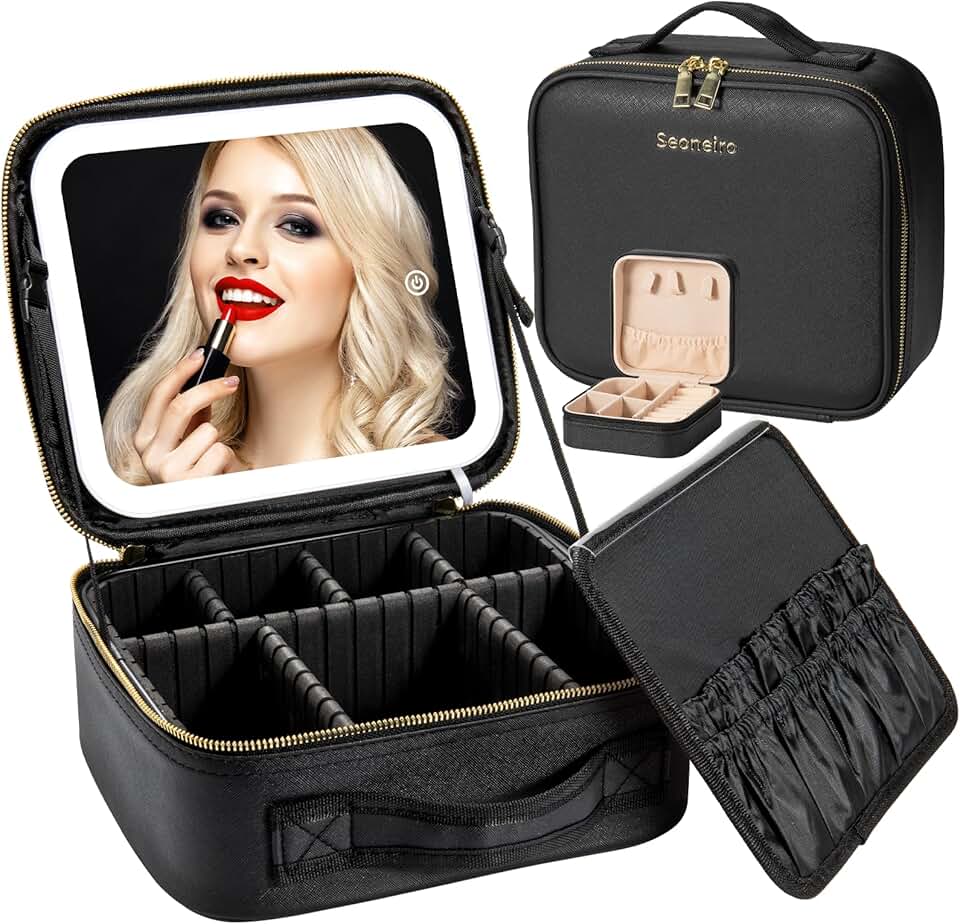Travel Makeup Bag with LED Lighted Mirror and Dividers