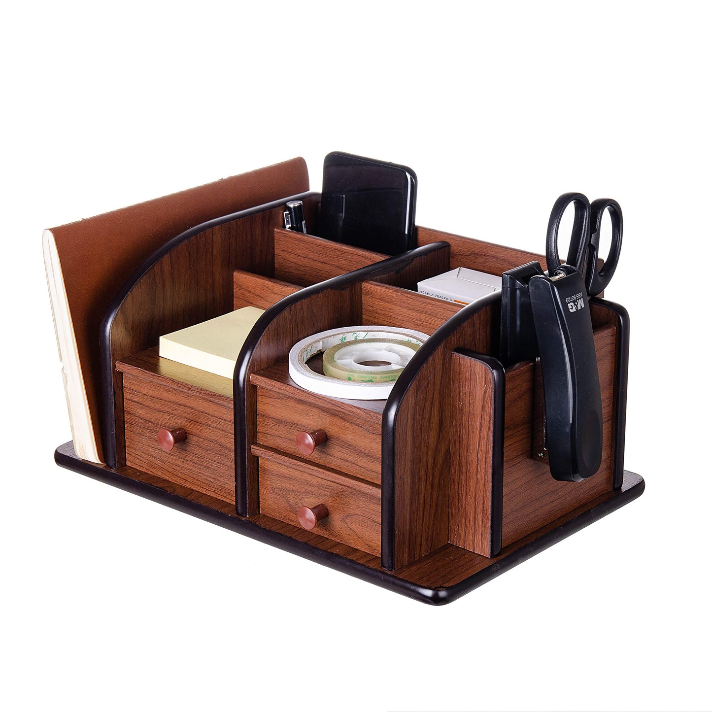 Brown Wooden Desk Organizer with Drawers and Shelves