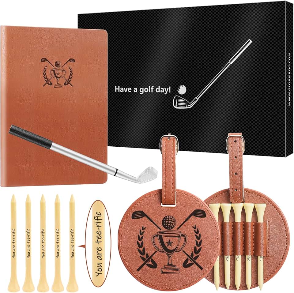 Golf gift set for dad with scorecard, bag tag, tees, and pen