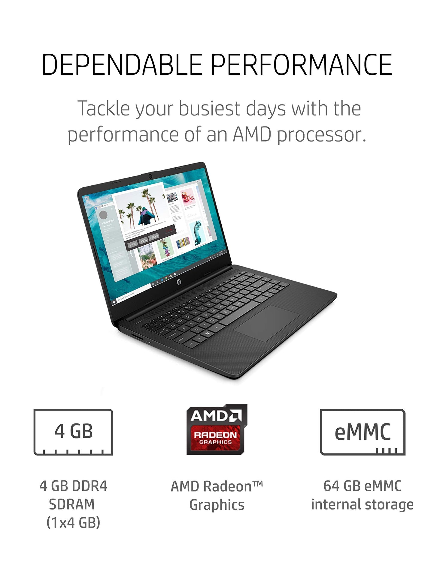 14 Laptop, AMD 3020e, 4 GB RAM, 64 GB eMMC Storage, 14-inch HD Display, Windows 10 Home in S Mode, Long Battery Life, Microsoft 365, (14-fq0020nr, 2020)