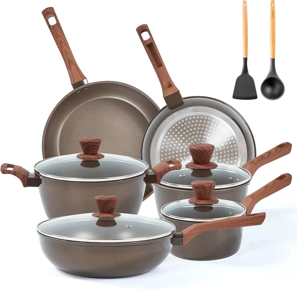 12-Piece Nonstick Cookware Set with Pans, Saucepans, Steamer, and Utensils
