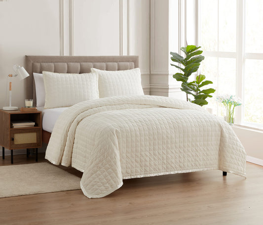 Quilt Sets Velvet with Trim Bedspread Cover Soft and Luxurious Oversized All Season Bedding with Pillow Shams, Queen Pack of 4), Ivory
