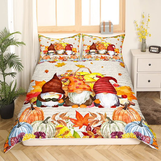 Fall Harvest Comforter Cover Twin for Kids Boys Girls,Gnome Thanksgiving Bedding Set Autumn Maple Leaves Bed Sets Caroon Pumpkin Soft Duvet Cover K aii Gnomes Bedroom Decor with 1 Pillowcase