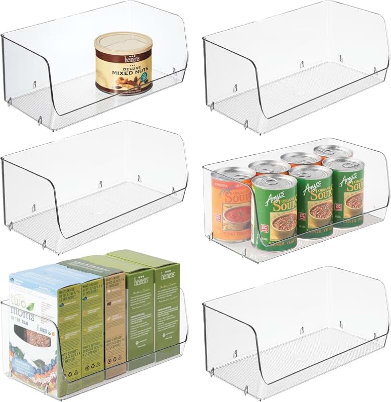 Set of 6 clear stackable open-front storage bins